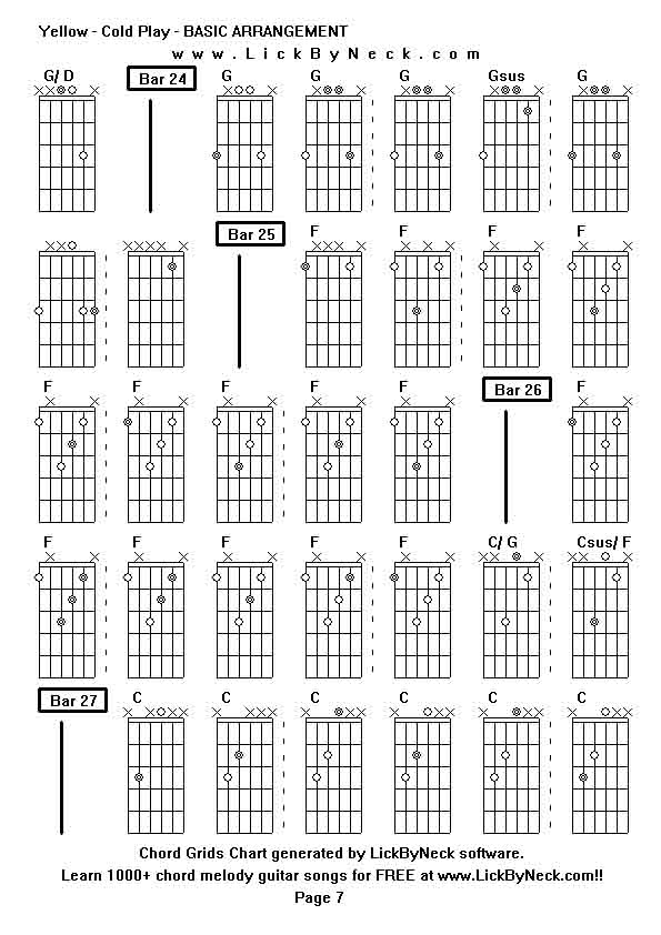 Chord Grids Chart of chord melody fingerstyle guitar song-Yellow - Cold Play - BASIC ARRANGEMENT,generated by LickByNeck software.